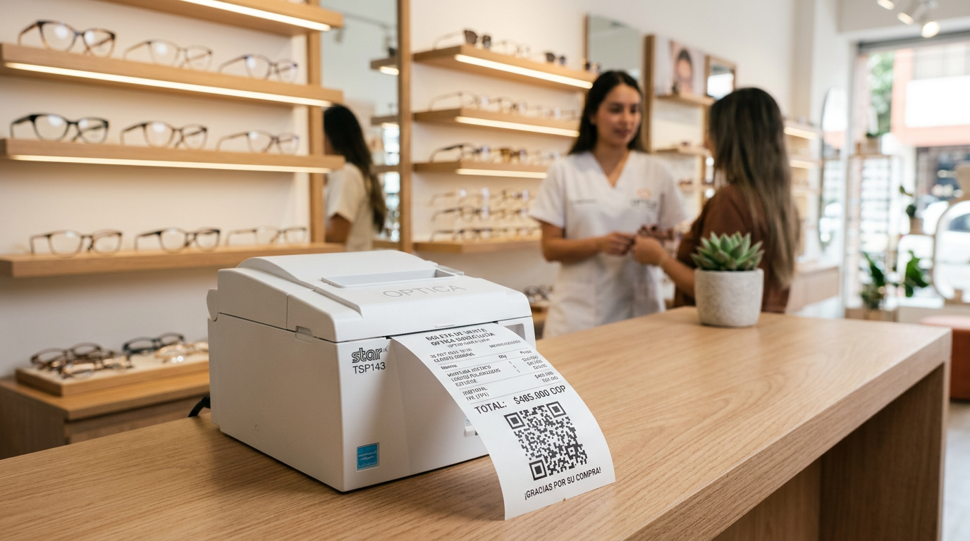 Impresora térmica POS en mostrador de óptica, ticket con código QR saliendo del rollo y expositor de monturas al fondo.